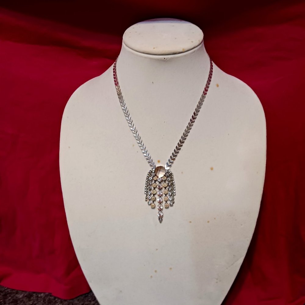 Vintage Express Silver Necklace Chevron Herringbone Chain Rhinestone Waterfall